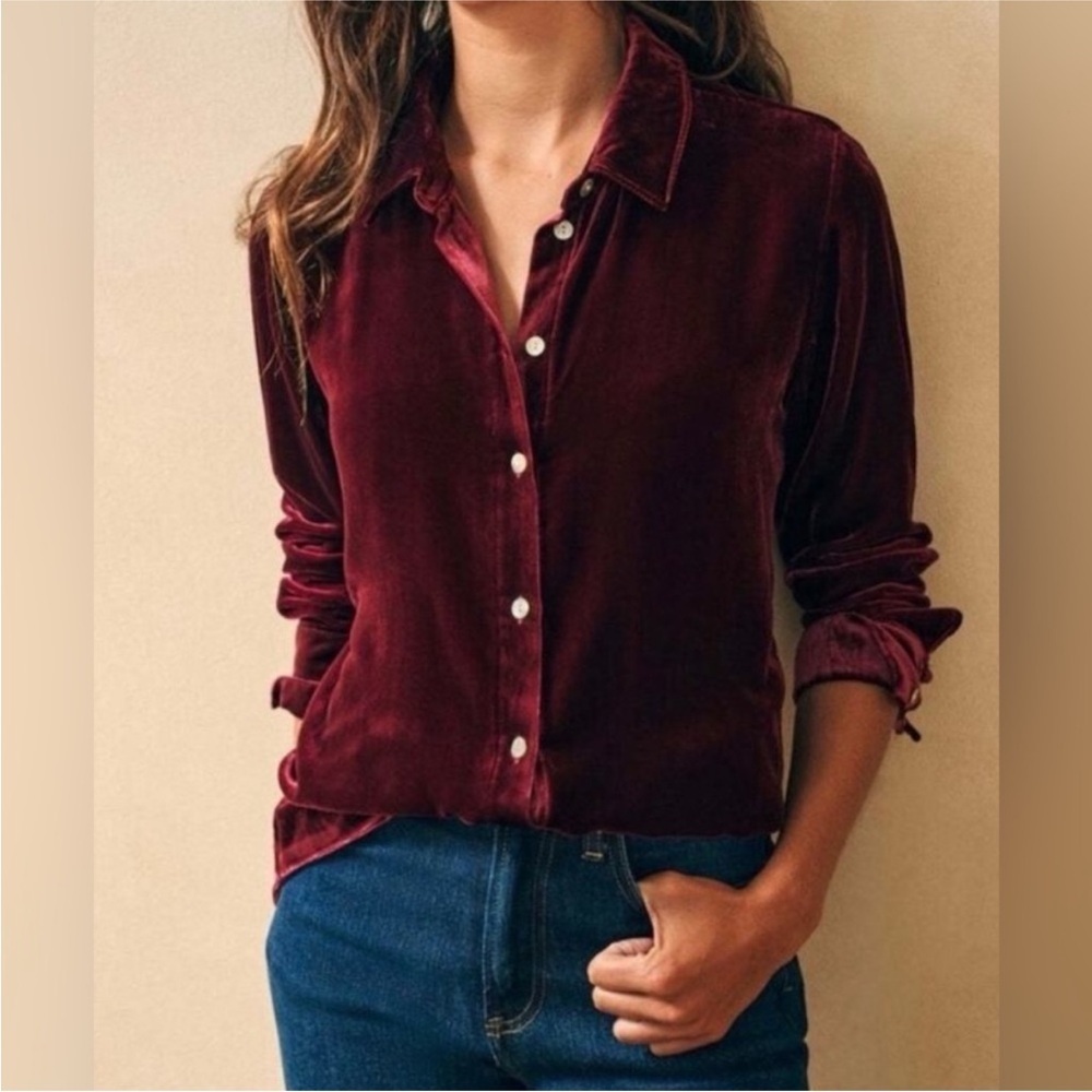 Faherty Stretch Silk Velvet Genevieve Button Down Shirt Burgundy Women’s Small